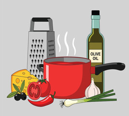 Illustration of a vibrant still life featuring ingredients for italian cooking, including tomatoes, cheese, olive oil, and spices, arranged against a neutral background