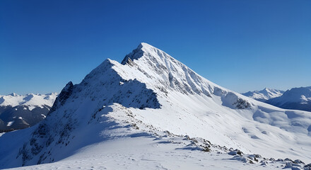 Alpine winter landscape panorama with snow-covered mountain peaks and a clear blue sky