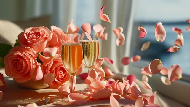 gold wedding ring, two champagne glasses, a bouquet of delicate roses nearby, rose petals slowly falling on the table, a video from a wedding or engagement, copy space for a wish or invitation