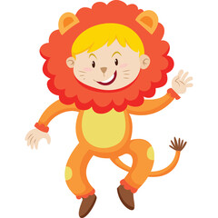Joyful Child Wearing a Vibrant Orange Lion Costume With Yellow Accents and a Fluffy Mane Dancing Happily On a Transparent Background