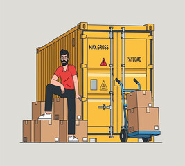 Illustration of a bearded man leans on stacked boxes in front of a shipping container, with a hand truck nearby, symbolizing logistics and delivery services