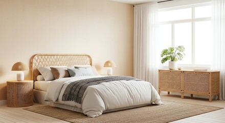Fototapeta premium Bedroom interior with rattan furniture and natural light