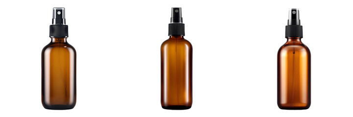 Obraz premium Set of amber spray bottles with black pumps, isolated on transparent background