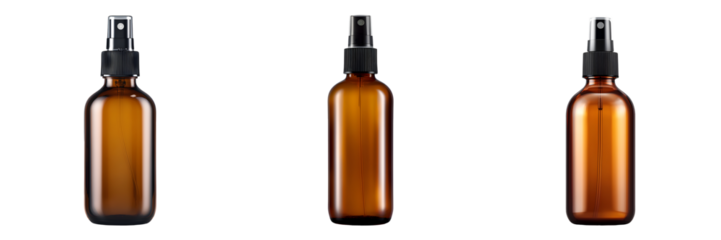 Set of amber spray bottles with black pumps, isolated on transparent background