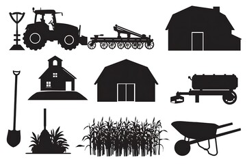 Obraz premium Farm silhouettes featuring tractor barns crops and tools