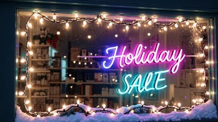 Holiday sale decoration shines at local shop with festive lights and colorful neon sign, inviting shoppers during the winter season