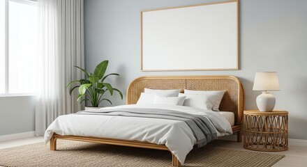 Fototapeta premium Bedroom with rattan headboard and potted plant