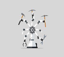 Illustration of a robotic arm with multiple tools, including hammers and a wrench, showcasing automation and efficiency in manufacturing