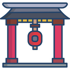 Japanese Torii Gate With Red Lantern Hanging Underneath Detailed Traditional Architecture With Blue Gray Roof and Pink Pillars Set Against a Clean White Background.