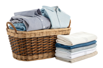Woven laundry basket overflowing with folded shirts and stacked linens