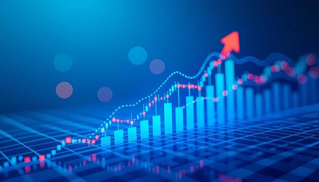 Blue abstract background with investment graph, financial data visualization, and progressive business performance