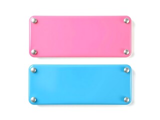 Blank two metal rectangular nameplates with round edges in bright pink and blue color secured by metal small standoffs isolated on a white background