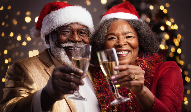 Senior black couple wearing Santa hats toasting - Powered by Adobe