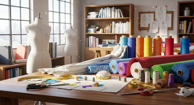 Sewing studio with fabric rolls and mannequin