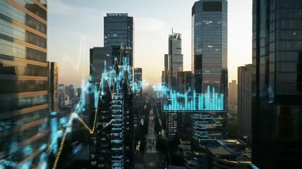Digital Stock Market Graph Overlay on Modern Financial City Skyline - Powered by Adobe