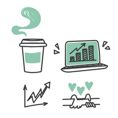 hand drawn doodle business work place icon related set