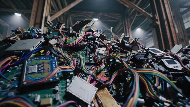 Explore a massive pile of electronic waste in an industrial warehouse during evening hours