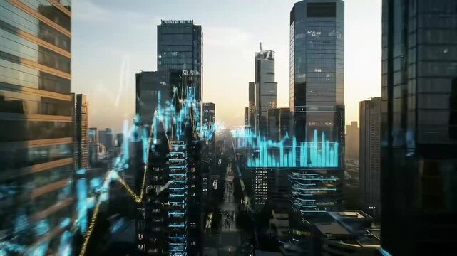 Digital Stock Market Graph Overlay on Modern Financial City Skyline - Powered by Adobe