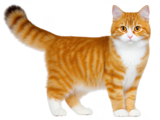 Ginger cat domestic feline orange tabby white paws fluffy tail standing alert cute pet whiskers isolated