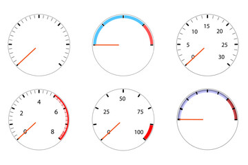 Analog gauge cluster with color-coded levels. Clean white background for high-contrast readability.