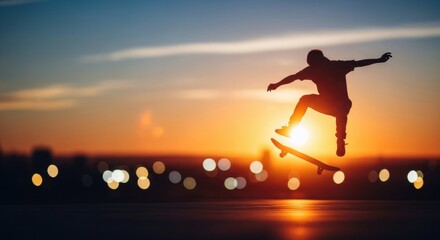 Silhouette of a man skateboarder performing a jump trick against a vibrant sunset sky. Concept of freedom, youth, sport, and extreme hobby.