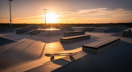 Skateboard on an empty skatepark at sunset, showcasing urban extreme sport culture and outdoor recreation space for riders.