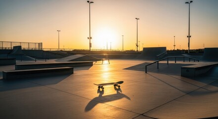 Empty skatepark with a skateboard on the ground at sunset. Urban sport concept for advertising and lifestyle imagery.
