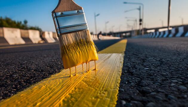 Road marking paint with brush painting yellow line on asphalt street maintenance work
