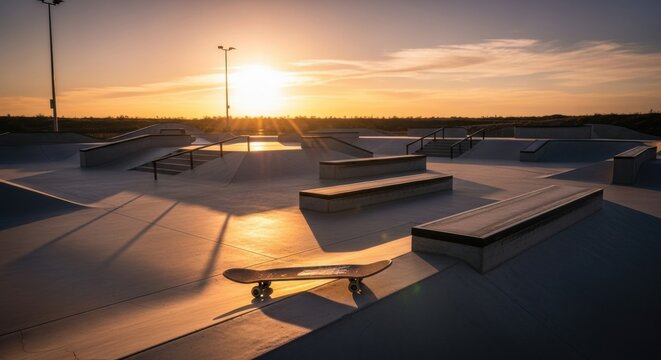 Skateboard on an empty skatepark at sunset, showcasing urban extreme sport culture and outdoor recreation space for riders.