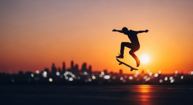Skateboarder performing an ollie trick at sunset. Urban lifestyle concept of freedom, adventure and extreme sport culture.