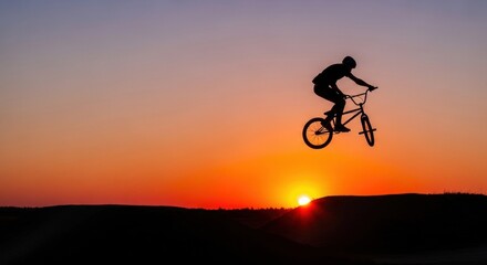 Man on bmx bike silhouette captured mid-air during sunset, performing extreme sport. Action shot for sports and adventure concept.