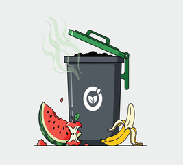 Illustration of a compost bin overflowing with organic waste like watermelon, apple core, and banana peel, promoting ecofriendly practices and waste reduction