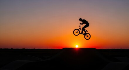Man bicyclist performing bmx trick in air during sunset. Extreme cycling sport concept for active lifestyle and outdoor adventure.