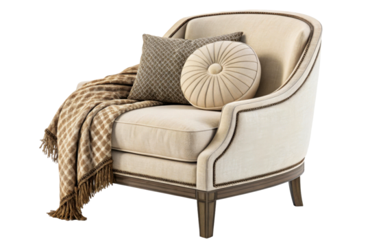 Plush armchair with throw blanket and decorative pillows