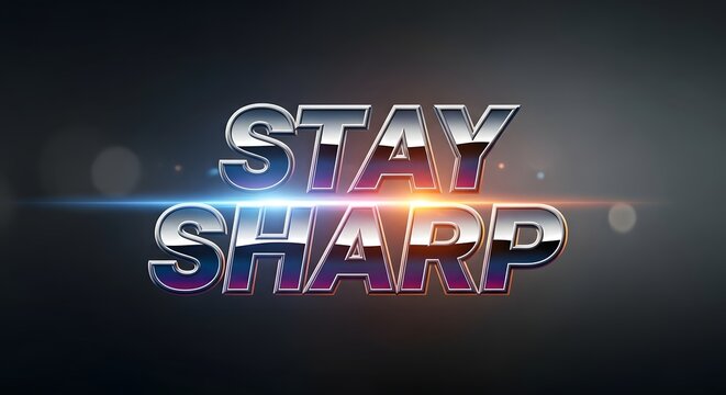 A vibrant and dynamic digital graphic with the motivational phrase 'STAY SHARP' in bold, metallic, and colorful 3D letters, set against a dark background with light effects - Powered by Adobe