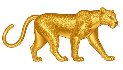 Obraz premium Digitally created, majestic golden feline, prowling on a white background