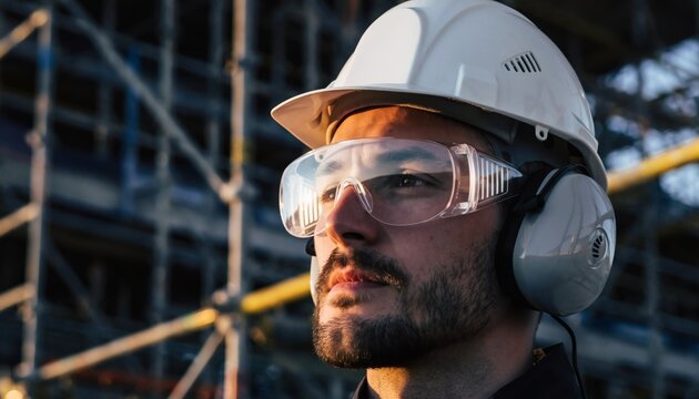 Construction worker safety gear protective equipment hard hat goggles and ear protection - Powered by Adobe