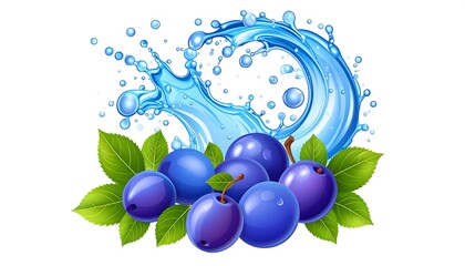 Digitally created vibrant depiction of ripe, succulent blue fruit with green leaves, complemented by a splash of water