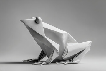 An artistic monochrome origami frog, skillfully folded from a single sheet of paper, positioned against a light gray background.