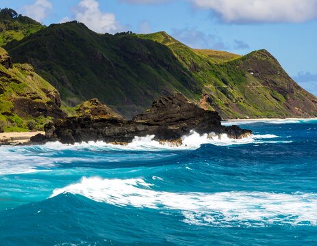 Waves crash rocky shore, tropical island