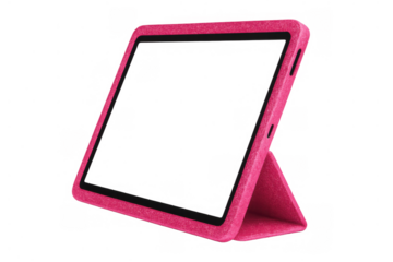 Pink tablet with protective case standing on transparent background, showing portable electronic device and technology