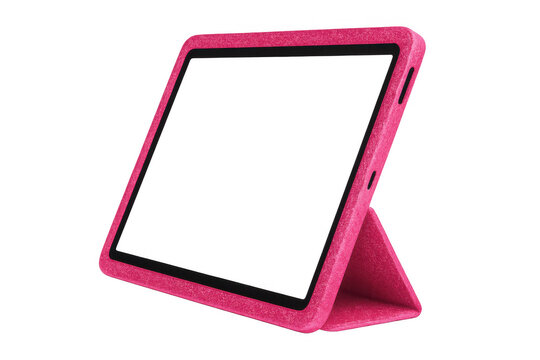 Pink tablet with protective case standing on transparent background, showing portable electronic device and technology