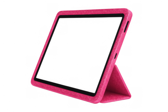 Pink tablet with protective case standing on transparent background, showing portable electronic device and technology