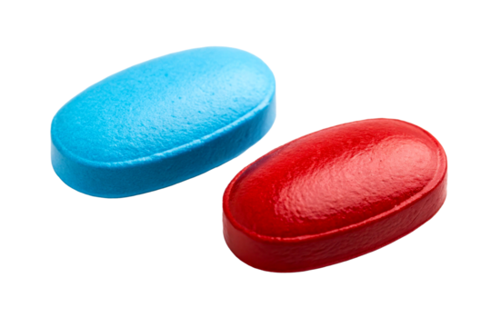 Two colored oval pills on a white surface close up