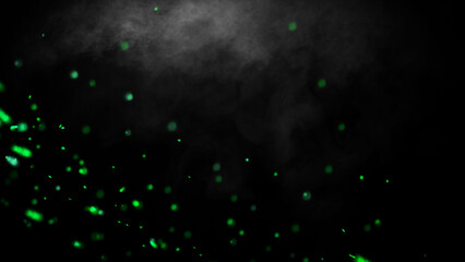 Perfect green fire particles embers texture. Abstract flying sparkle in smoke. Fog on isolated overlays black background. Stock illustration.