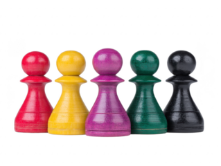 Five colorful wooden chess pawns in red yellow purple green and black stand in row on transparency background symbolizing diversity teamwork and unity in playful creative way