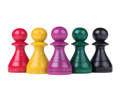 Five colorful wooden chess pawns in red yellow purple green and black stand in row on transparency background symbolizing diversity teamwork and unity in playful creative way