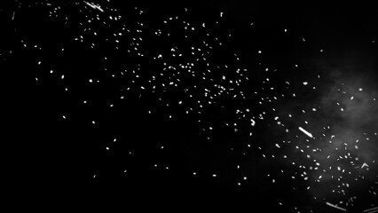 Perfect fire particles embers texture. Abstract flying sparkle in smoke. Fog on isolated overlays black background. Stock illustration.