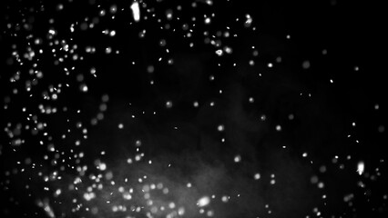 Perfect fire particles embers texture. Abstract flying sparkle in smoke. Fog on isolated overlays black background. Stock illustration.