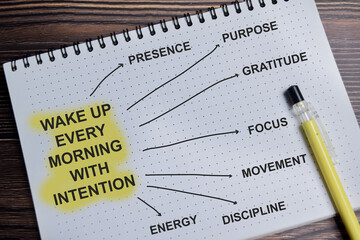 Obraz premium Concept of mind map. Wake up every morning with intention write on book with keywords isolated on Wooden Table.